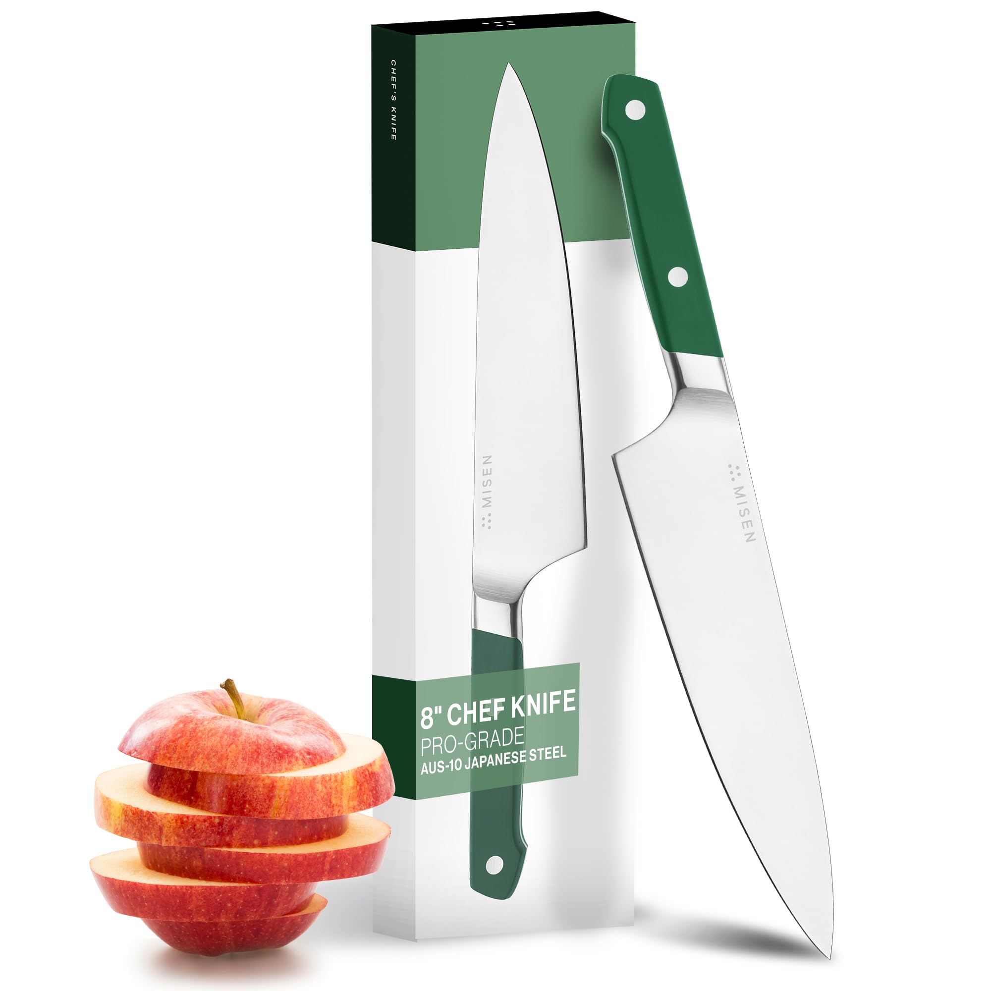 Misen 8-inch chef knife with AUS-10 steel for precise slicing.