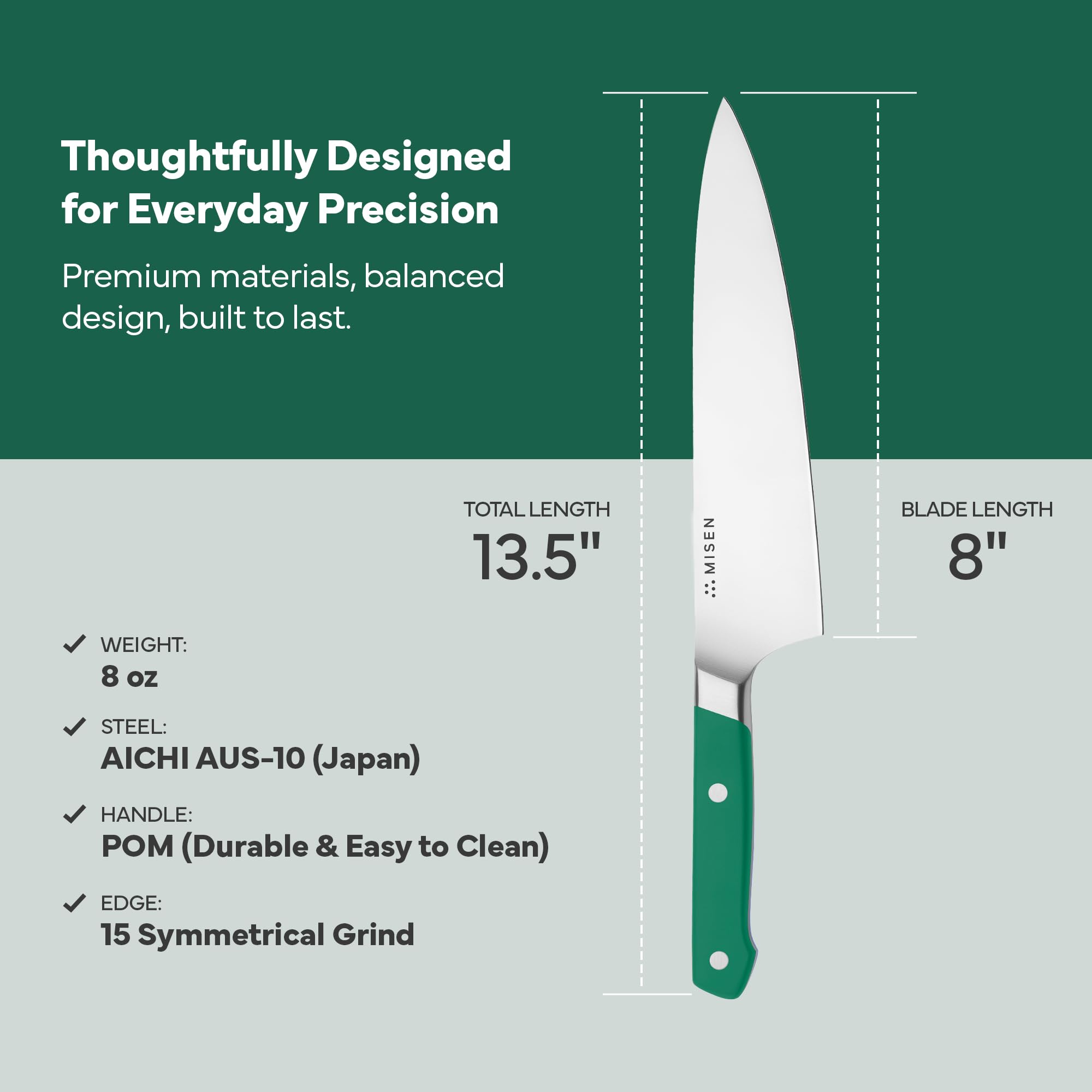 Misen ergonomic sloped bolster supports comfortable grip in busy kitchens.