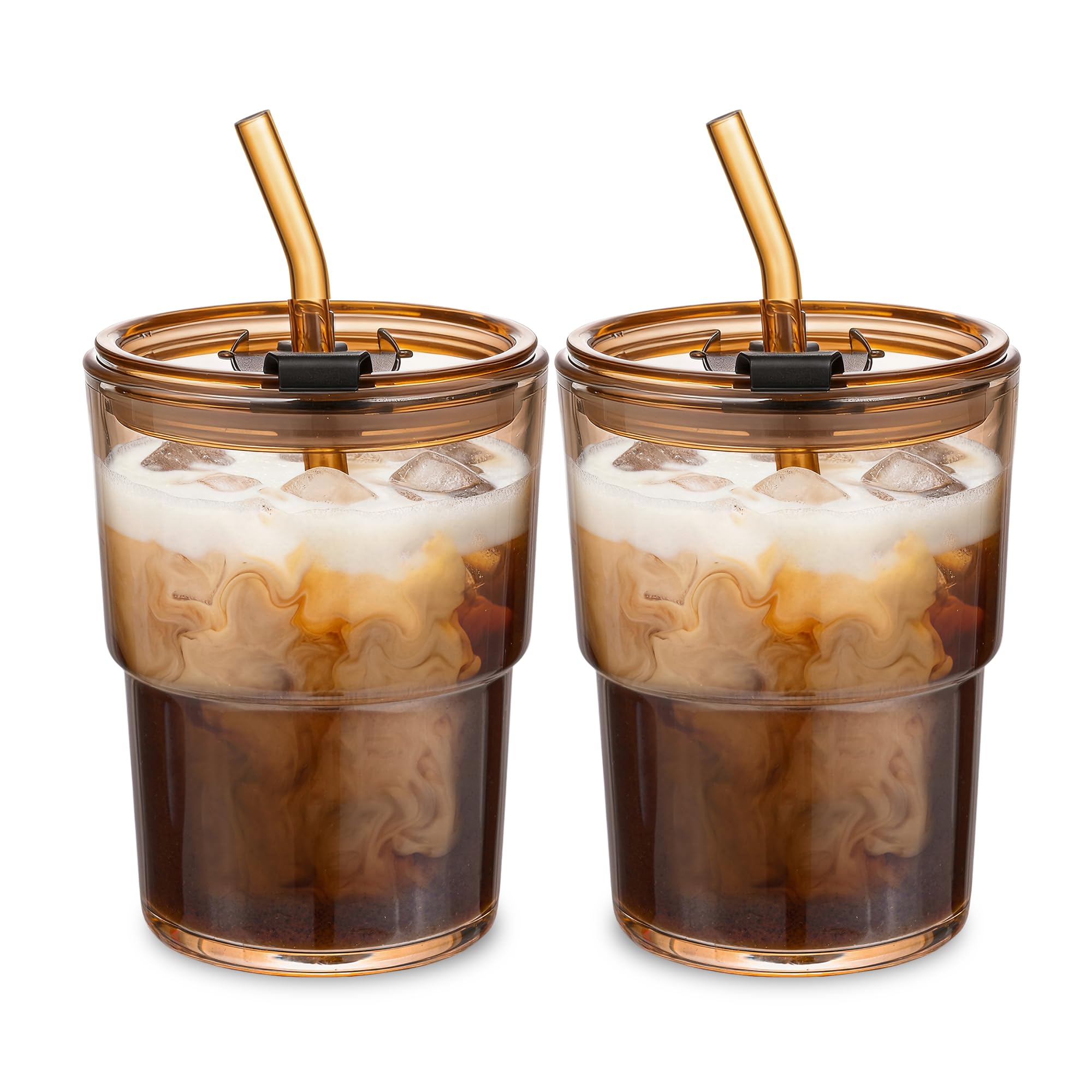 MINGHYZYA 13oz glass tumbler with amber lid and straw for spill-free on-the-go sipping.