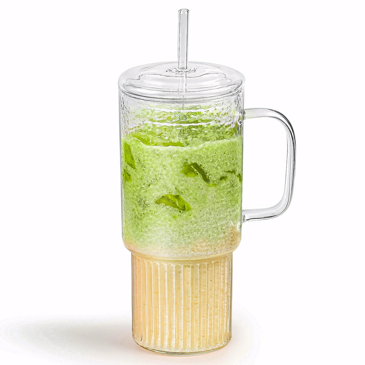 MINGHYZYA 32oz glass tumbler with handle and lid, ideal for iced beverages.