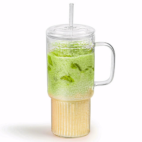 MINGHYZYA 32oz glass tumbler with handle and lid, ideal for iced beverages.