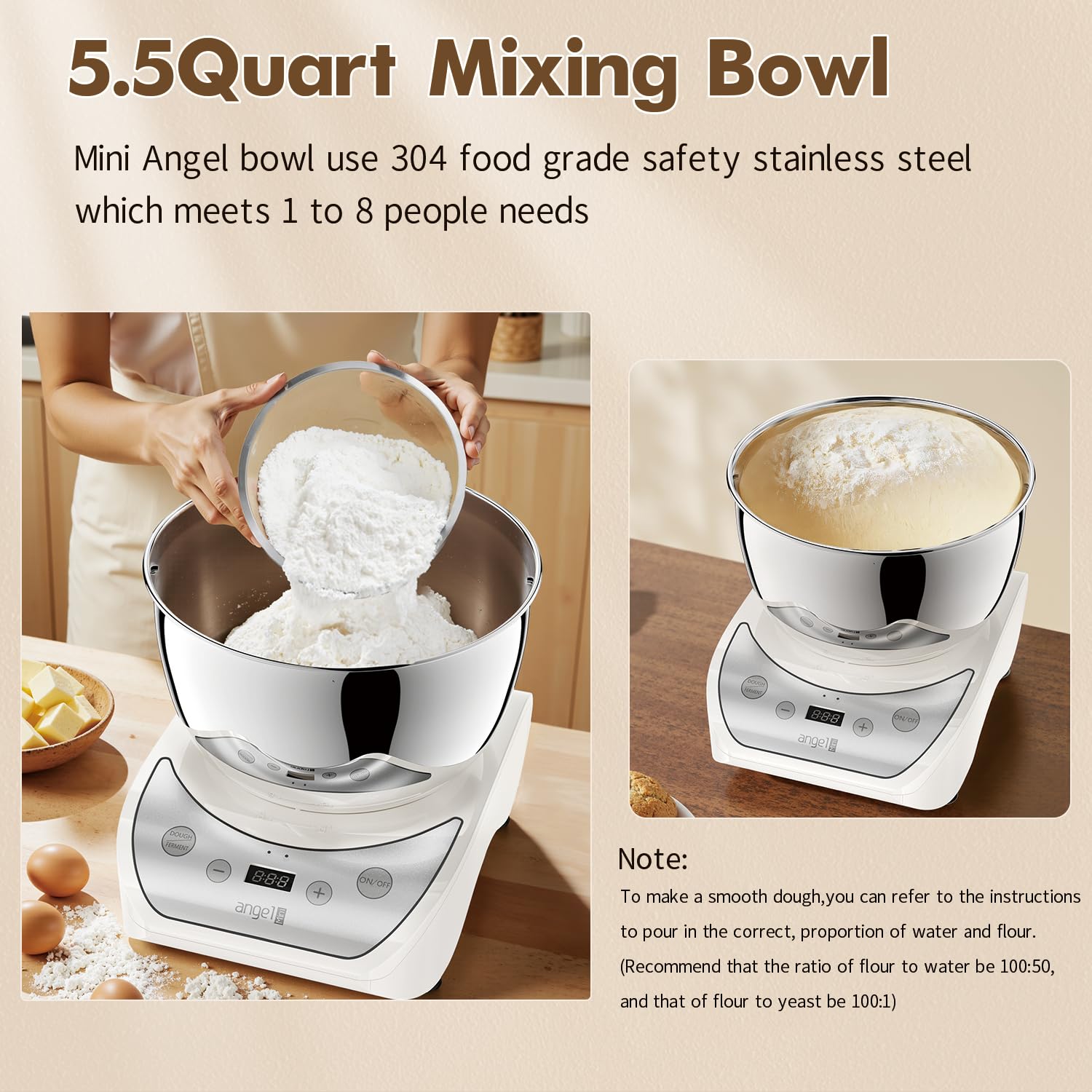 Mini Angel 250W motor powers efficient kneading