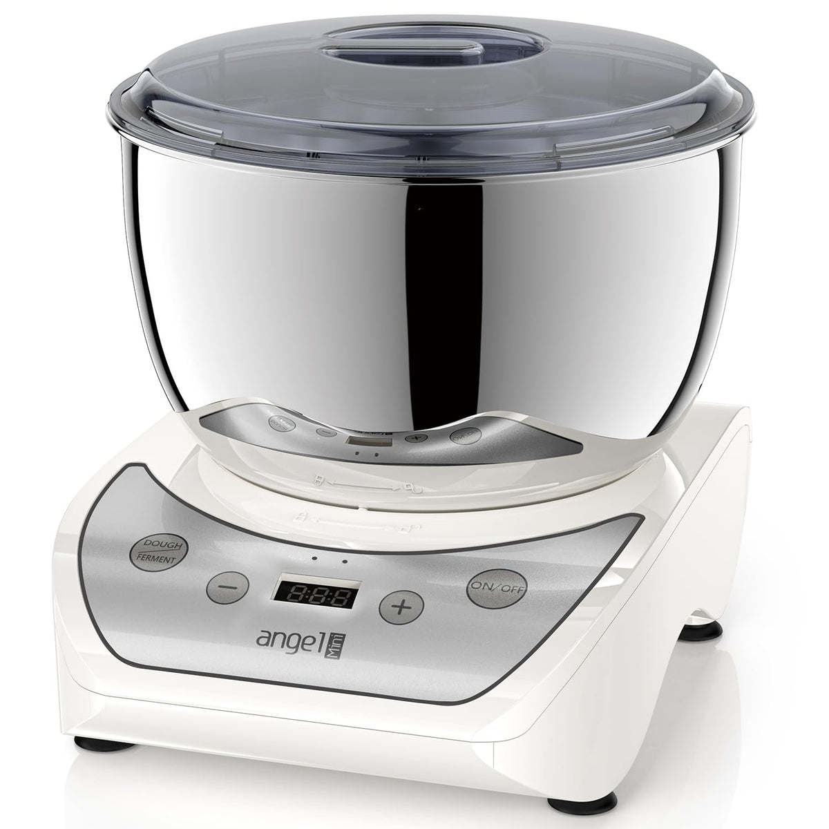 Mini Angel dough mixer lid view with clear lid for monitoring