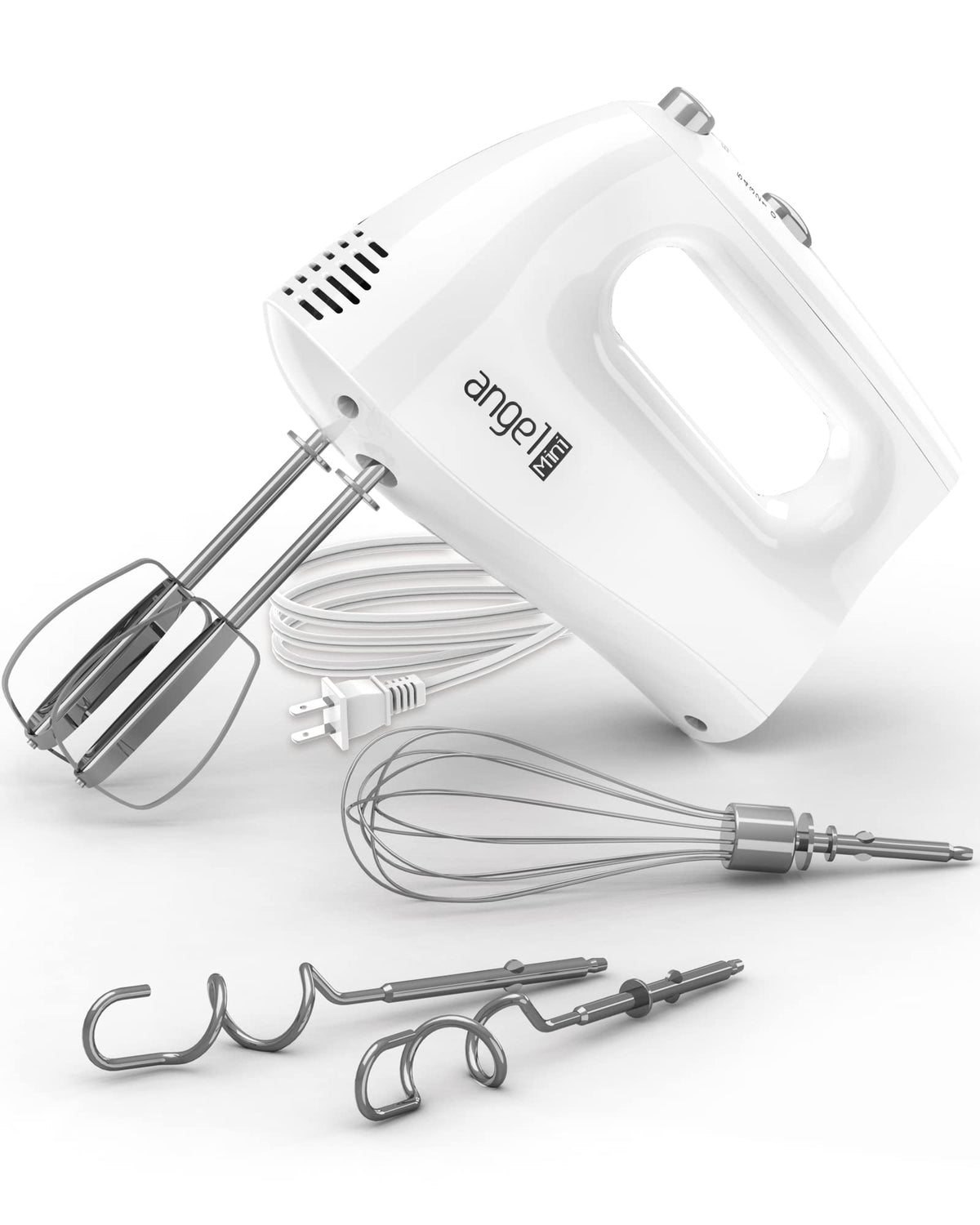 Mini Angel Hand Mixer attachments ready for baking; includes beaters, dough hooks, and whisk.