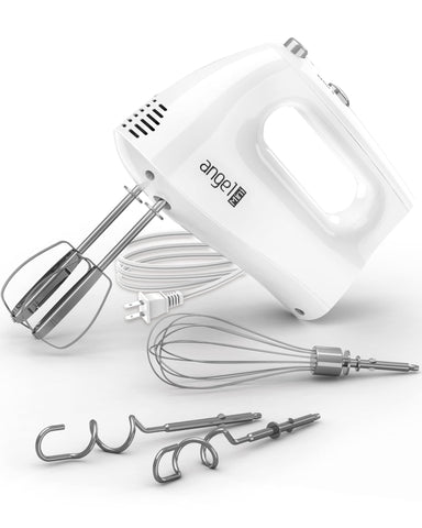 Mini Angel Hand Mixer attachments ready for baking; includes beaters, dough hooks, and whisk.