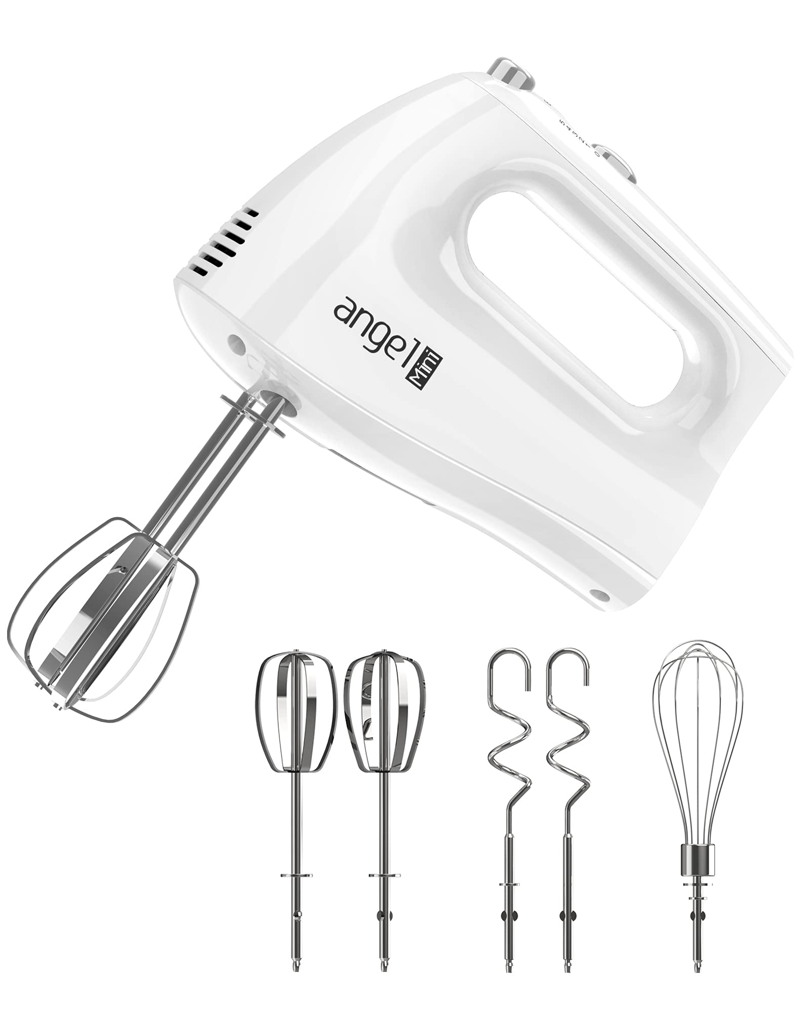 Mini Angel Hand Mixer included accessories enable faster batter prep.
