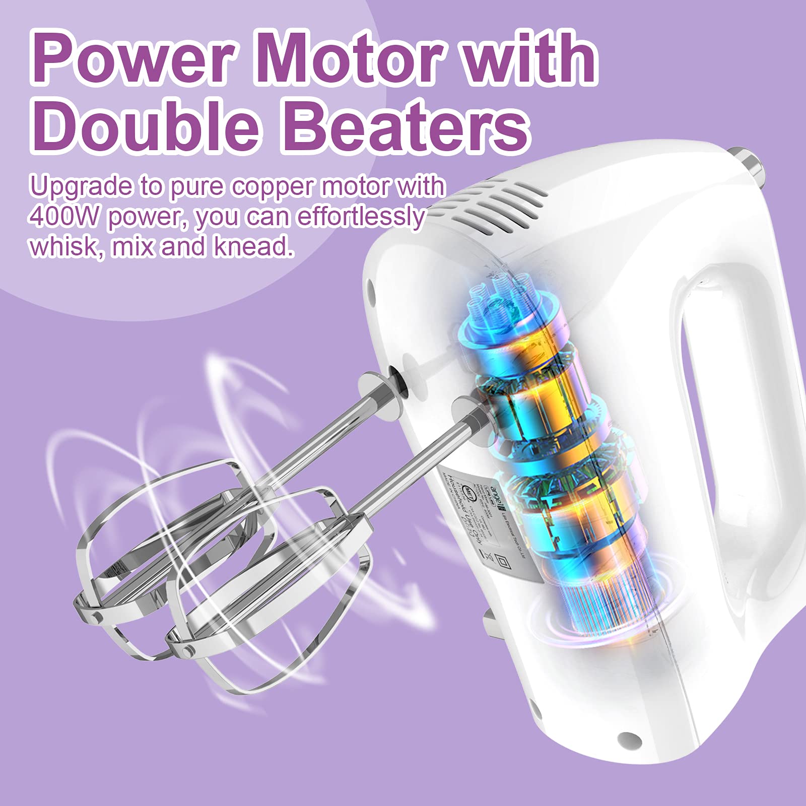 Mini Angel Hand Mixer eject button enables quick, clean attachment swaps.