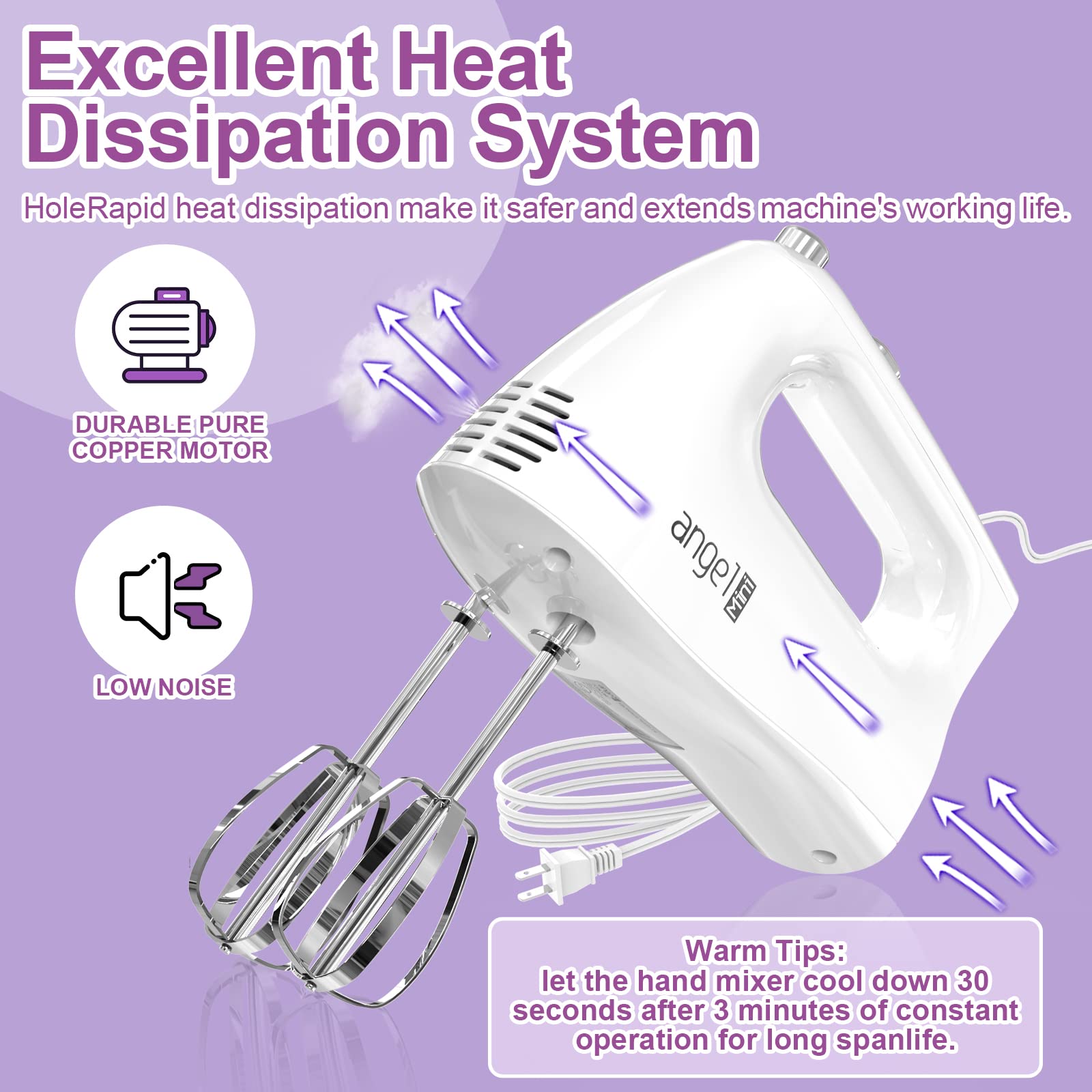 Mini Angel Hand Mixer heat dissipation helps longer, cooler operation.