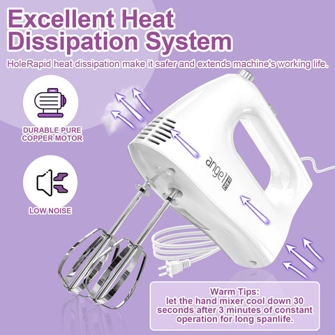 Mini Angel Hand Mixer heat dissipation helps longer, cooler operation.