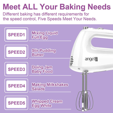 Mini Angel Hand Mixer speed control offers precise mixing for every stage.