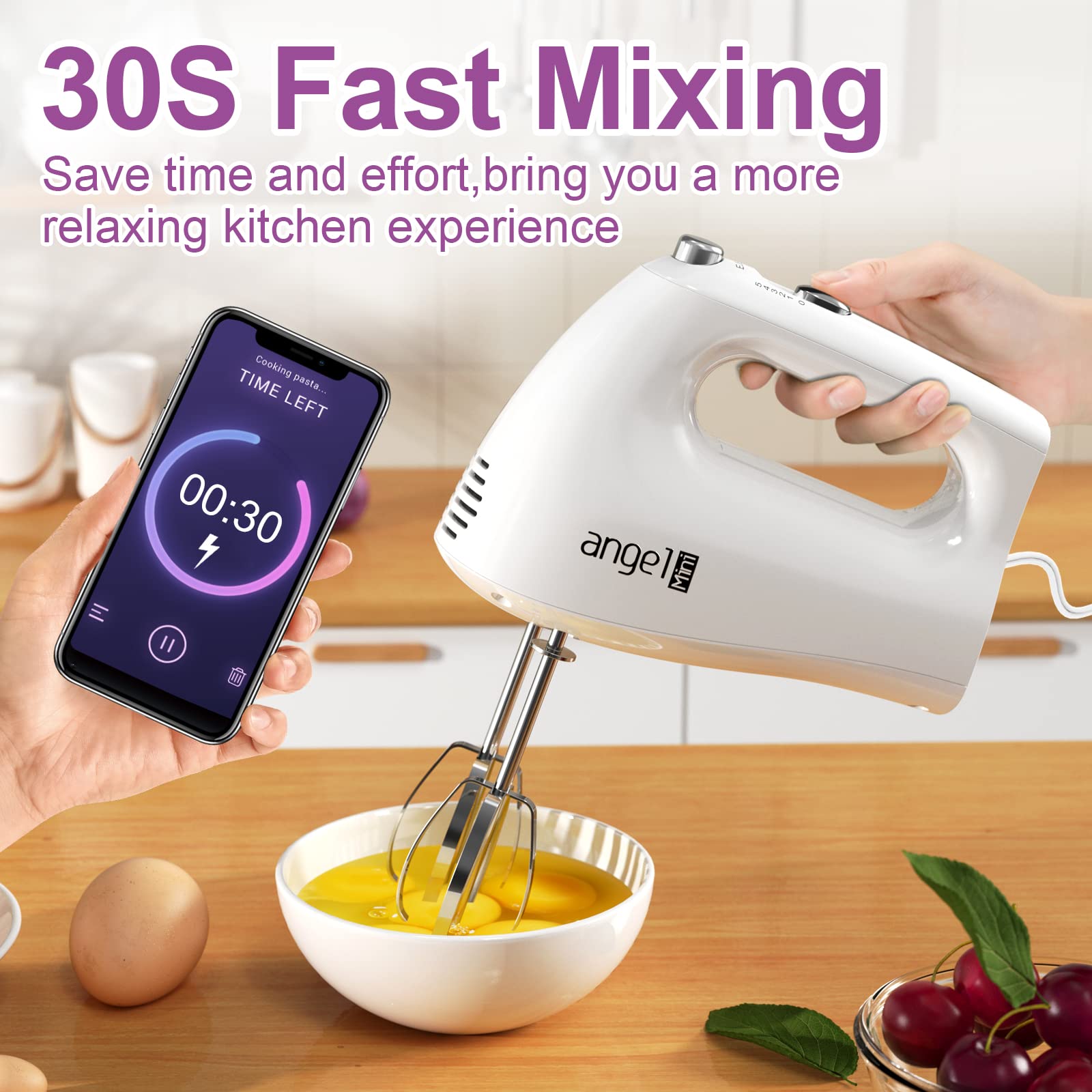 Mini Angel Hand Mixer storage accessory helps organize kitchen tools.