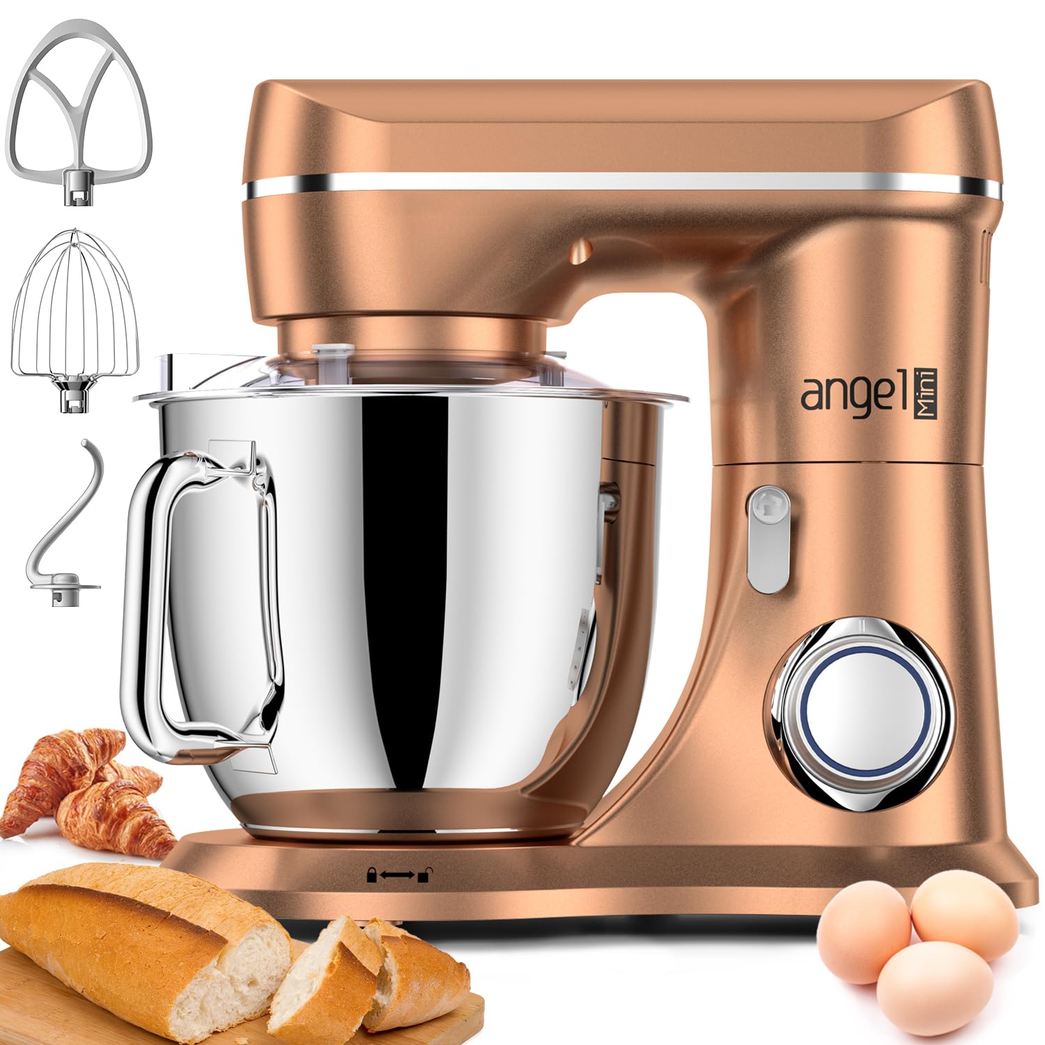 Mini Angel stand mixer champagne anti-slip suction keeps it steady.