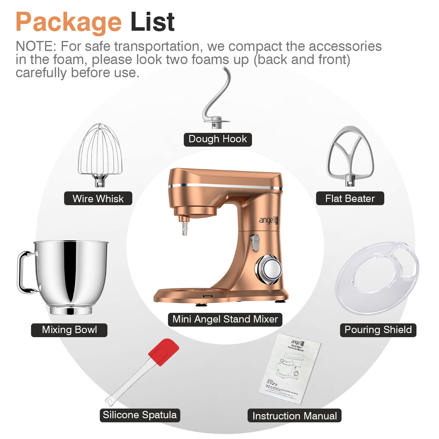 Mini Angel stand mixer champagne attachments storage keeps tools organized.
