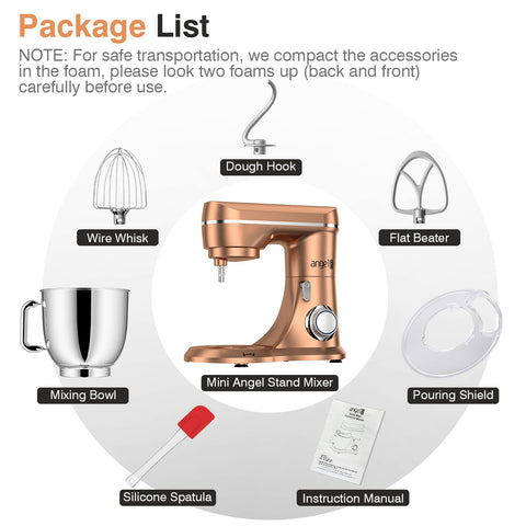 Mini Angel stand mixer champagne attachments storage keeps tools organized.