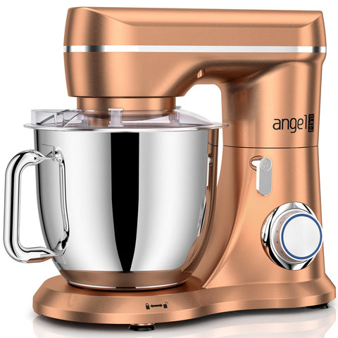 Mini Angel stand mixer champagne bowl shows generous capacity for large batches.