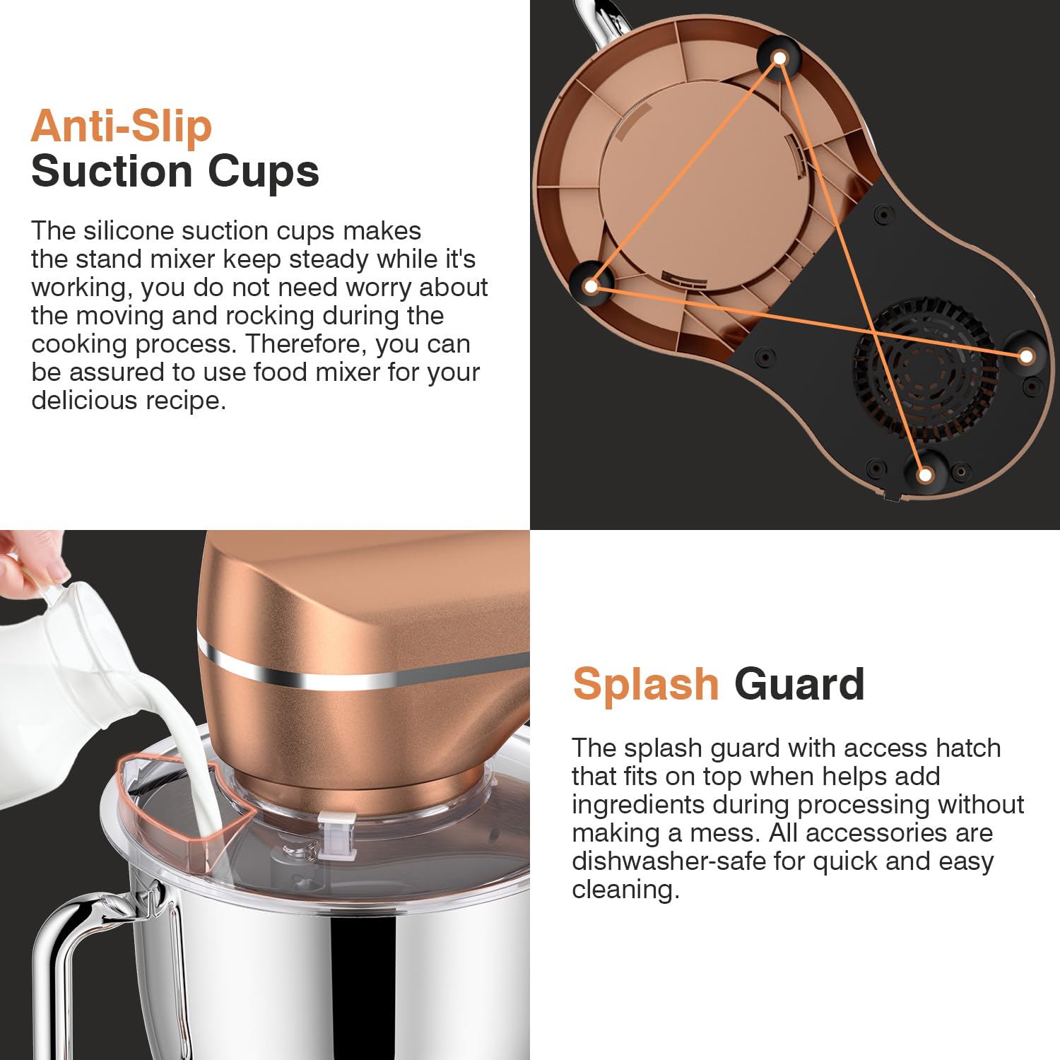 Mini Angel stand mixer champagne flat-beater for thorough mixing.