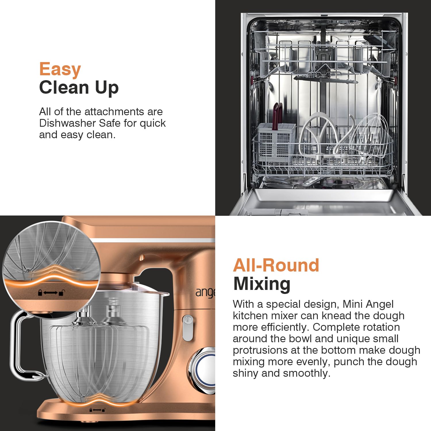 Mini Angel stand mixer champagne metal-gear system reduces noise.