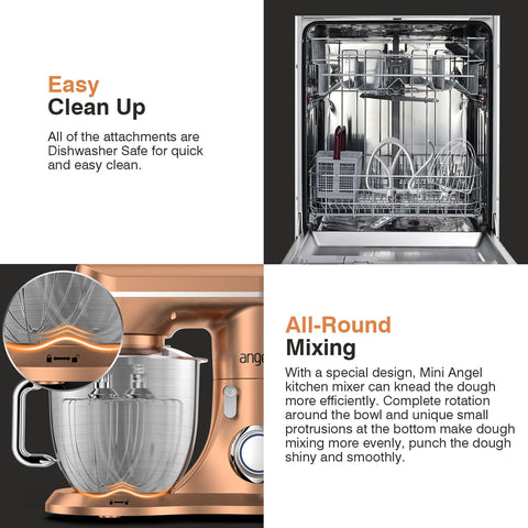 Mini Angel stand mixer champagne metal-gear system reduces noise.