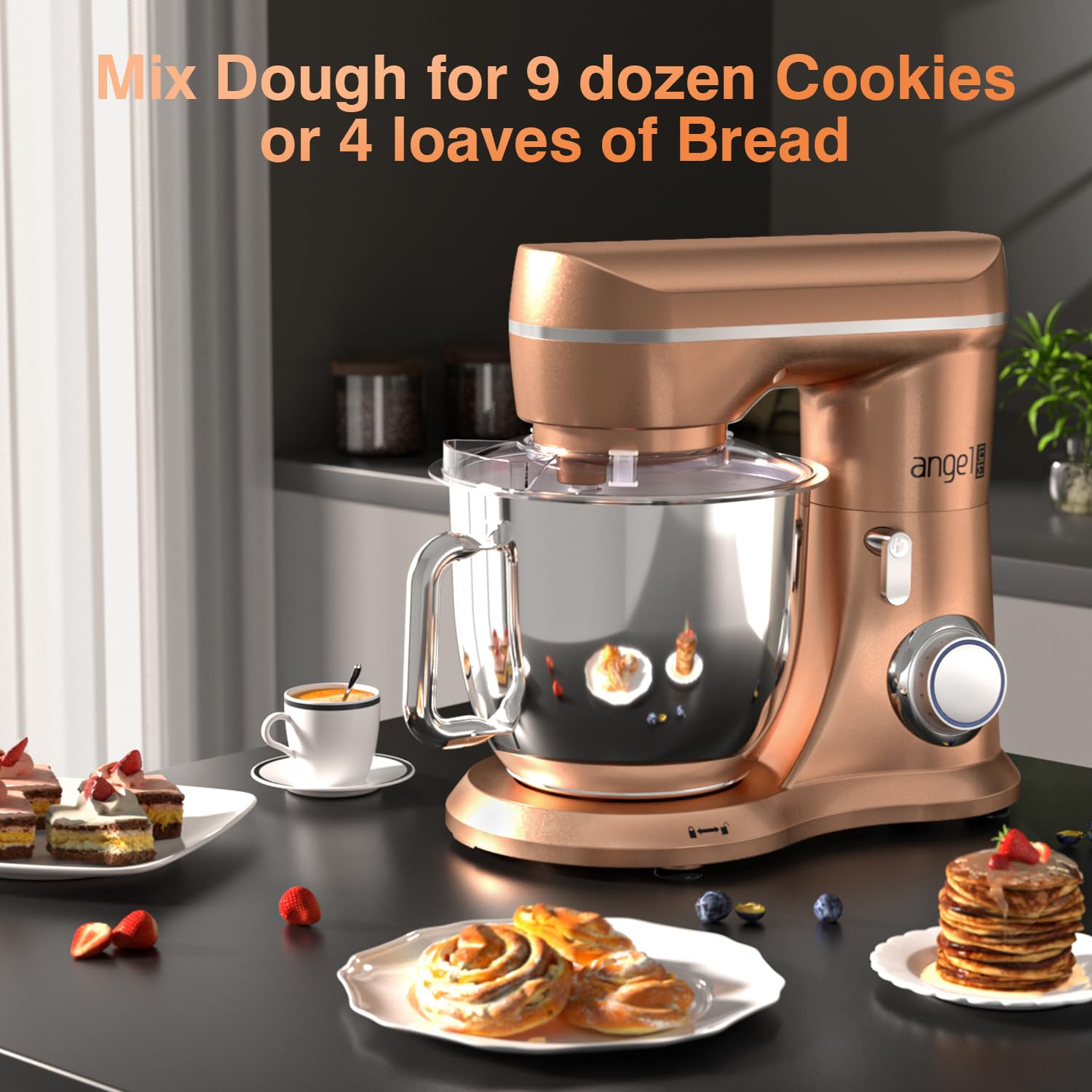 Mini Angel stand mixer champagne planetary mixing for even results.