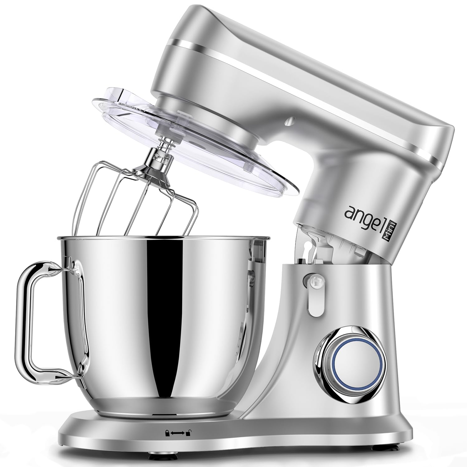 Silver finish on Mini Angel mixer complements modern kitchens.