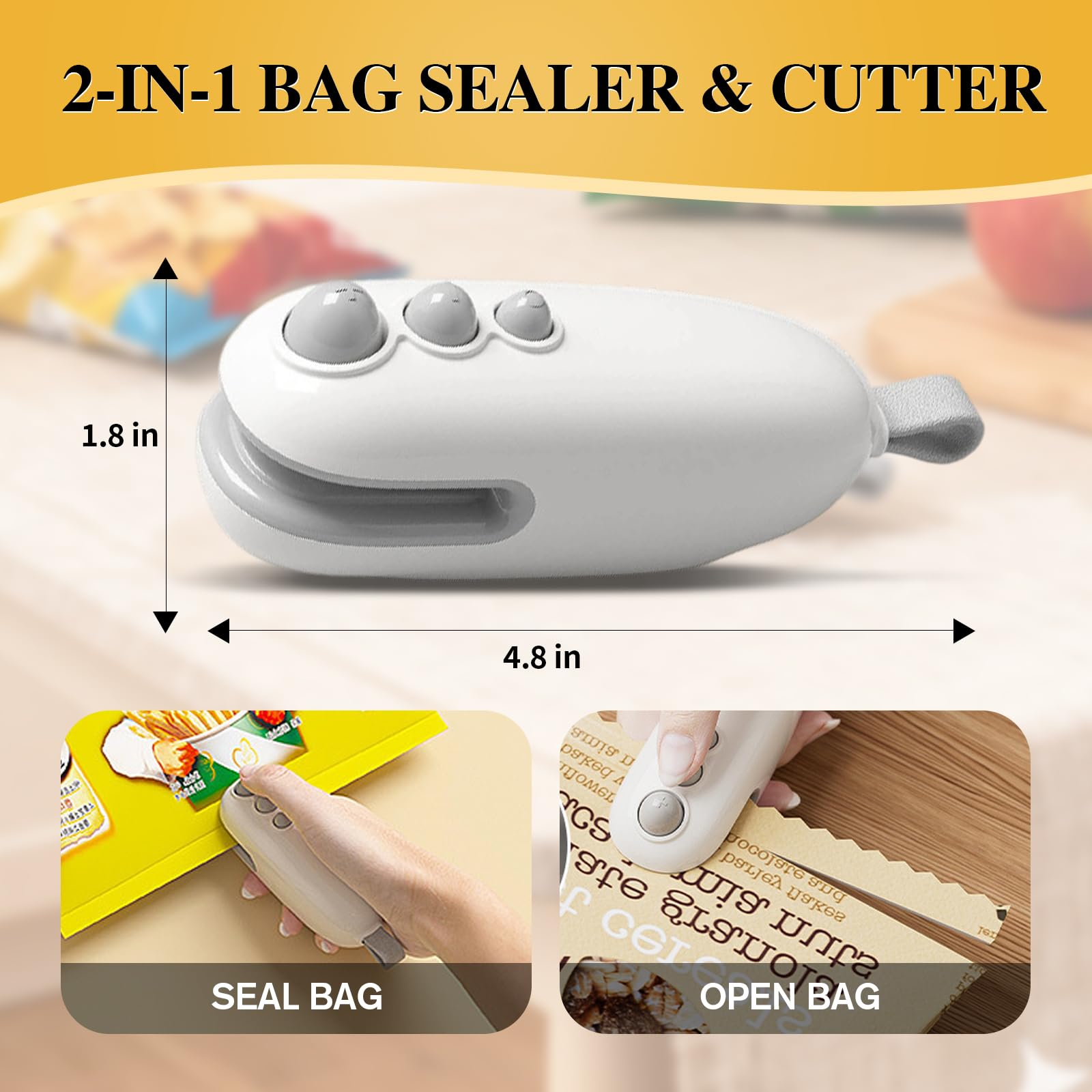 2Pcs Mini Bag Sealer with Cutter and Magnet two-in-one sealing.