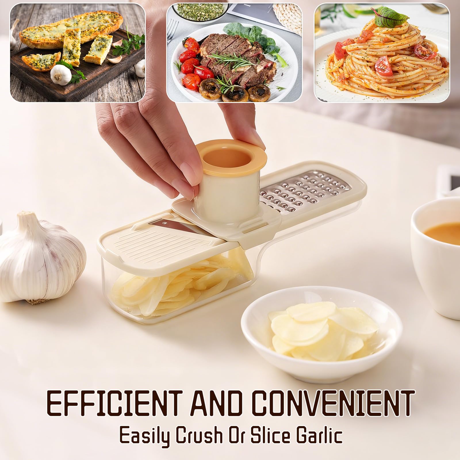 Mini Garlic Slicer shredding blades enable fast veggie shredding and prep