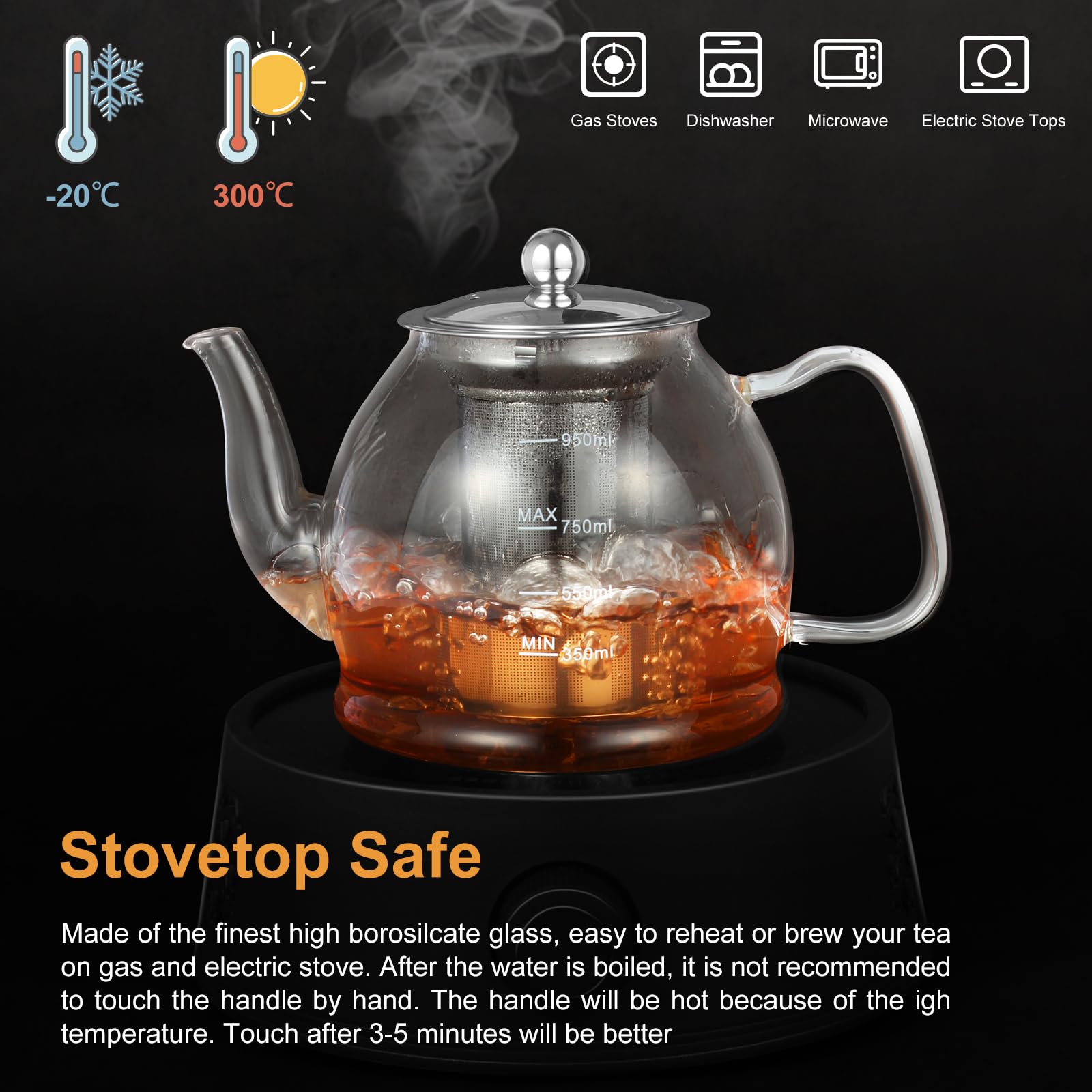 MINO ANT borosilicate teapot side view highlighting durability and heat resistance