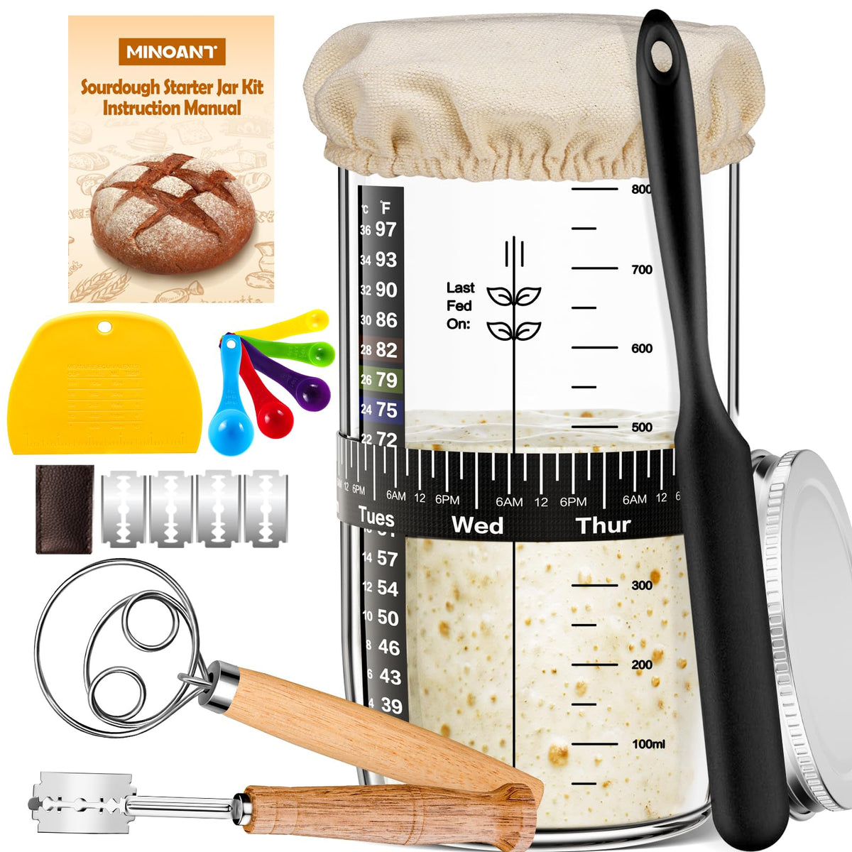 MINO ANT glass sourdough jar for easy starter storage and precise fermentation monitoring.