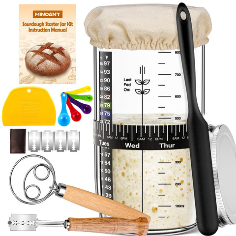 MINO ANT glass sourdough jar for easy starter storage and precise fermentation monitoring.