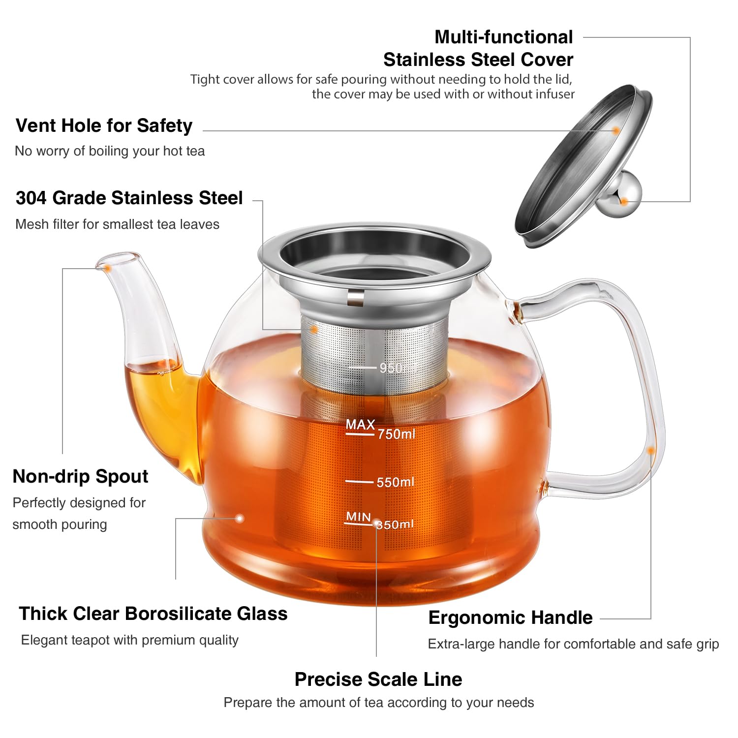 MINO ANT glass teapot with removable filter for blooming tea