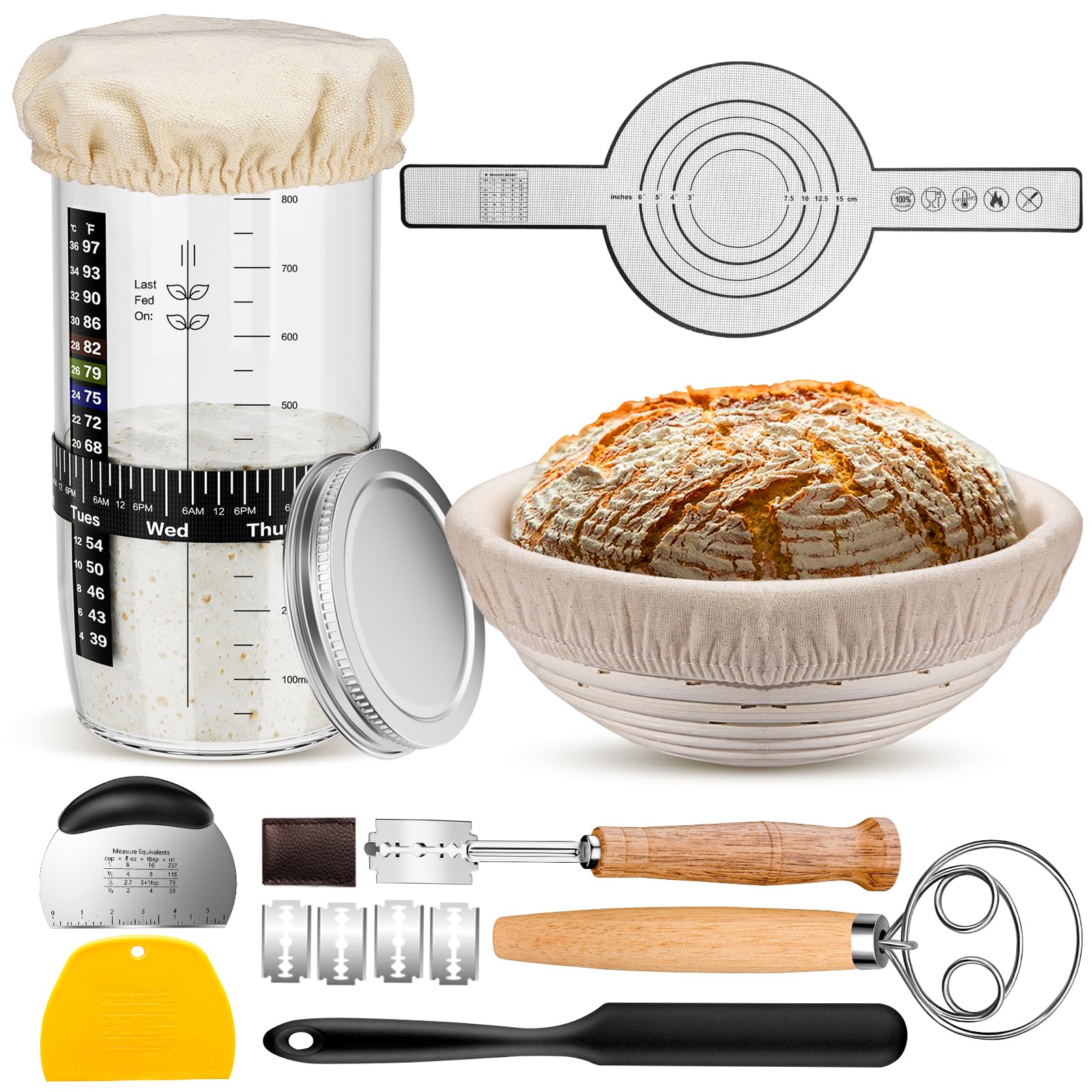 MINO ANT sourdough starter jar with breathable cover for easy fermentation monitoring