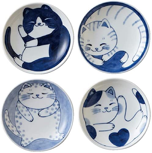 MINO WARE ceramic plate showcases distinct cat designs for sushi service.