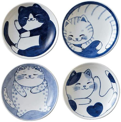 MINO WARE ceramic plate showcases distinct cat designs for sushi service.