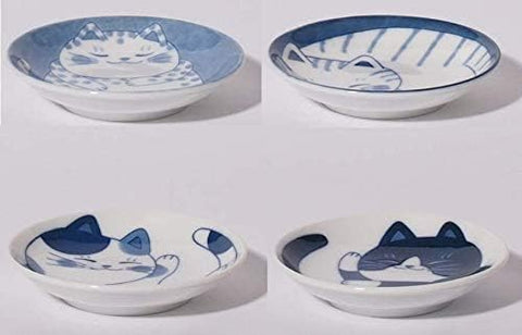 MINO WARE cat-design plate close-up reveals blue Mekochigura back stamp.