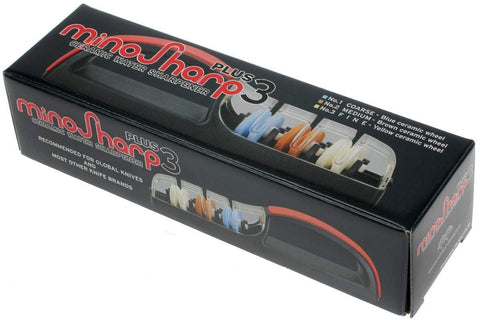 Minosharp in-use shot showing safe, handheld sharpening without electricity.