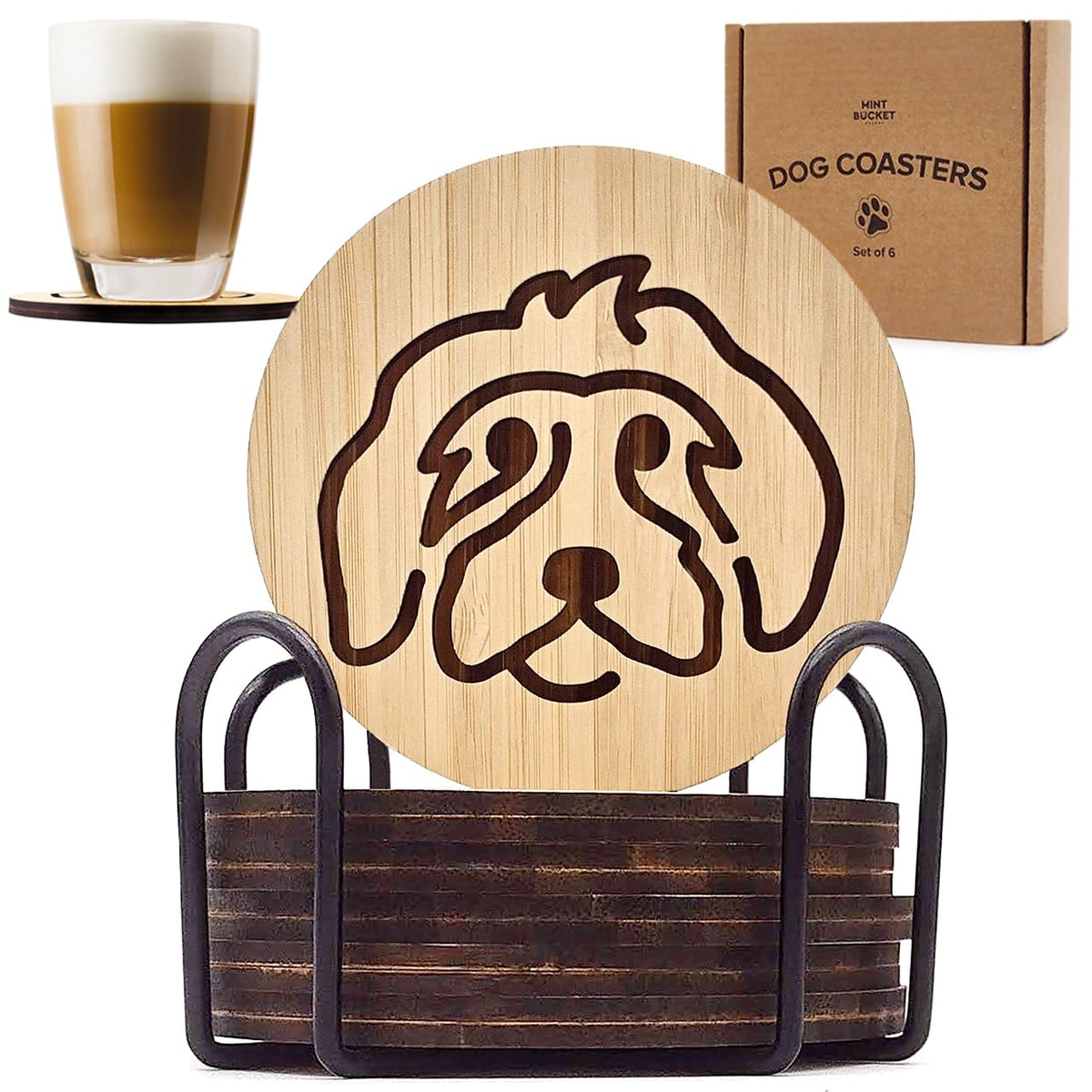 Mint Bucket bamboo dog-coaster set protects surfaces while showing playful dog faces.