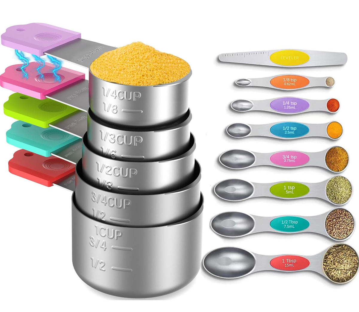 Minteem magnetic measuring cups stacked for space-saving storage and quick access.