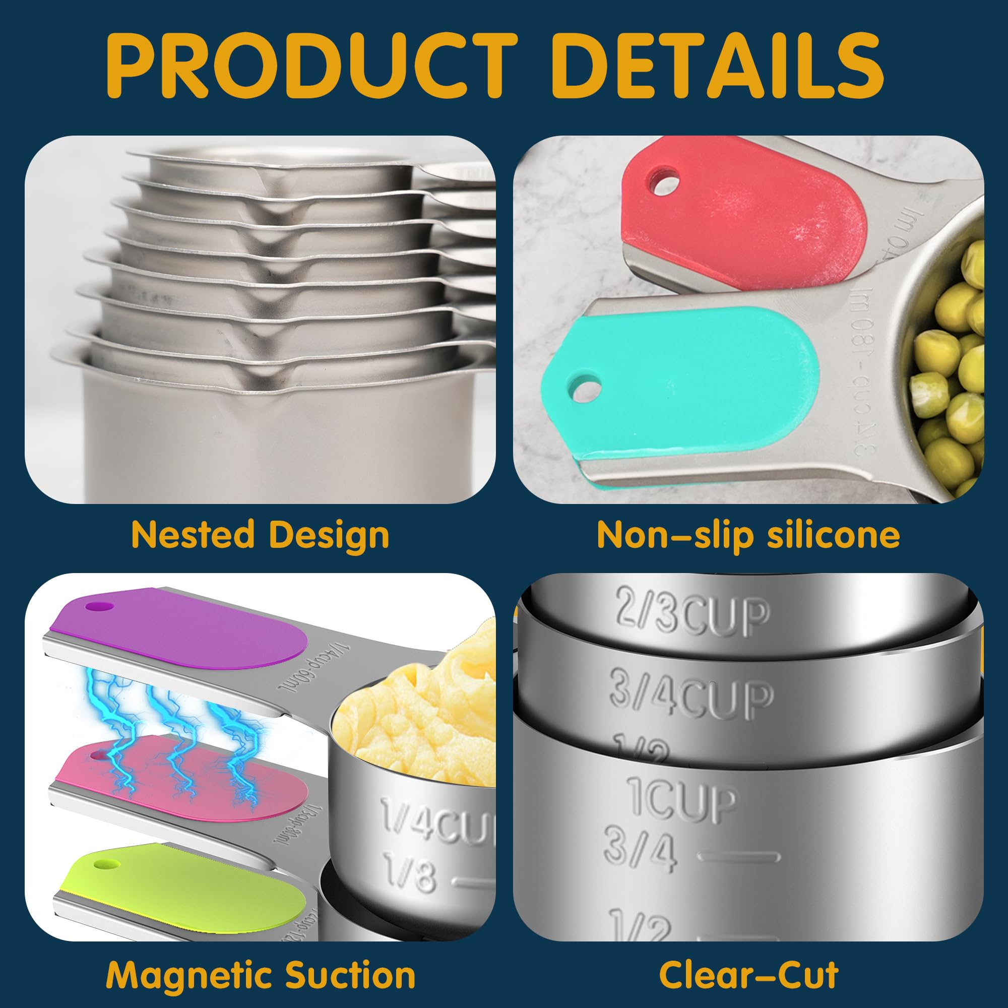 Minteem stainless steel cups with spout for precise pouring in baking and cooking.