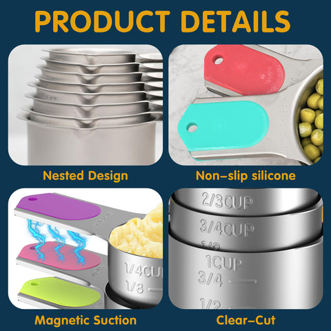 Minteem stainless steel cups with spout for precise pouring in baking and cooking.