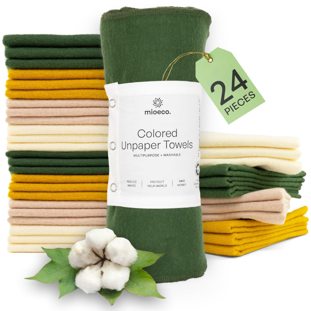 mioeco 24-pack multicolored unpaper towels, vibrant in a drawer for eco-friendly kitchen use.