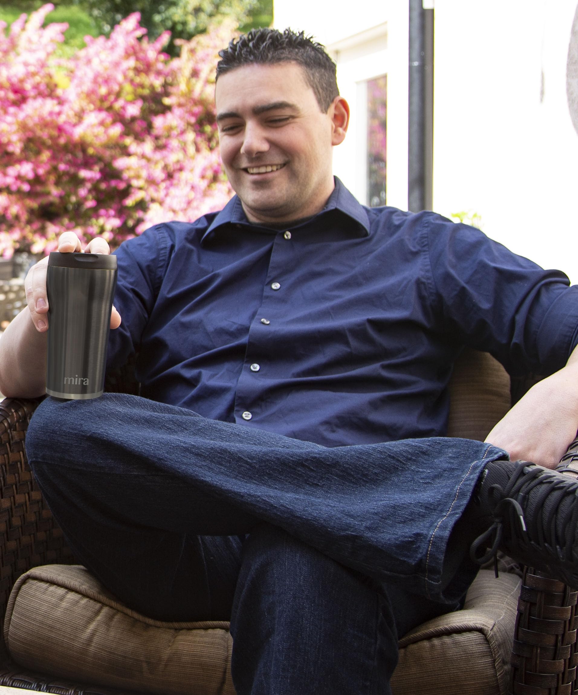 MIRA compact 12oz mug under Keurig shows coffee-maker compatibility.