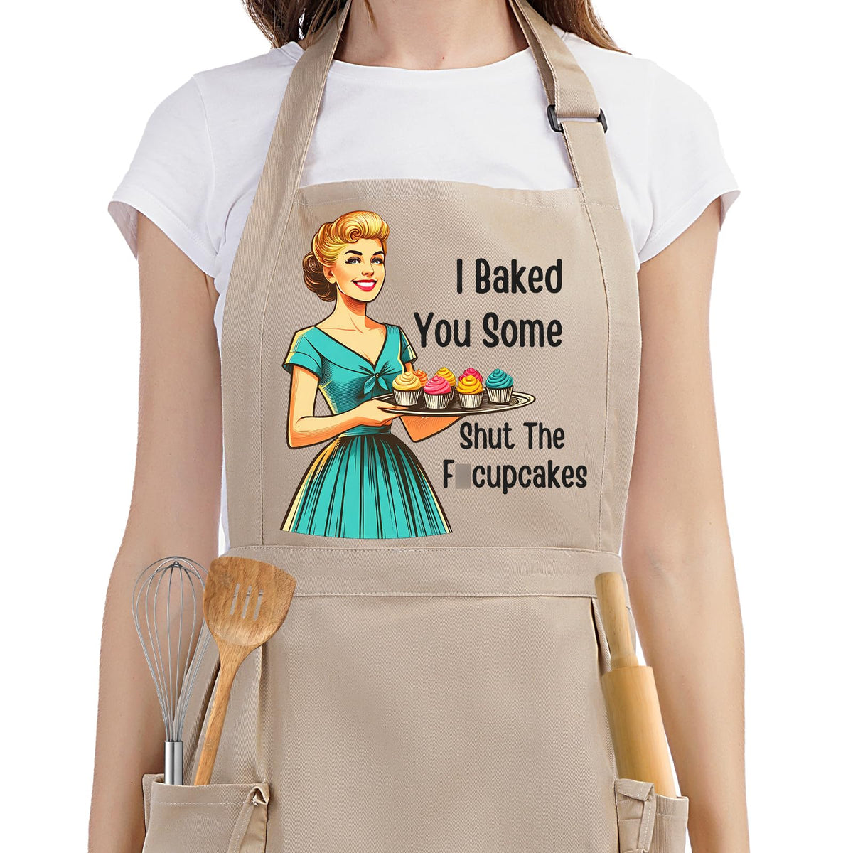 Miracu funny apron worn by a woman, front view with practical pockets.