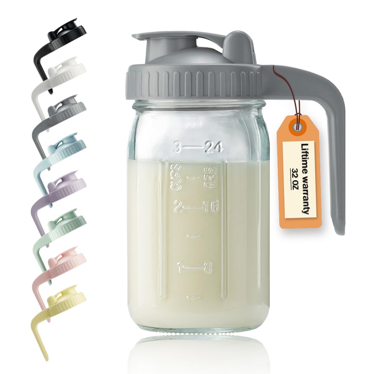 Miradexic 32oz glass pitcher with lid and V-shaped pour spout for precise pouring.