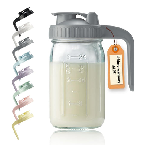 Miradexic 32oz glass pitcher with lid and V-shaped pour spout for precise pouring.