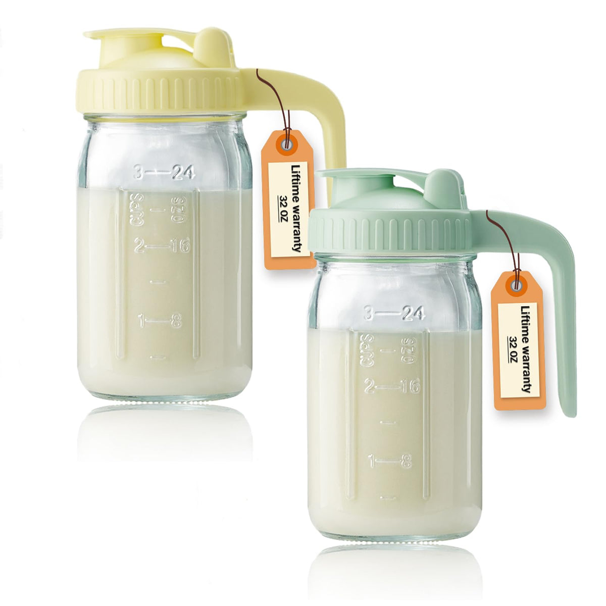 Miradexic 32oz glass pitcher with lid and spout for precise, spill-free pouring.