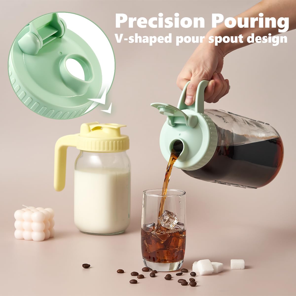 Ergonomic lid and handle on the Miradexic pitcher for easy, stable pouring.