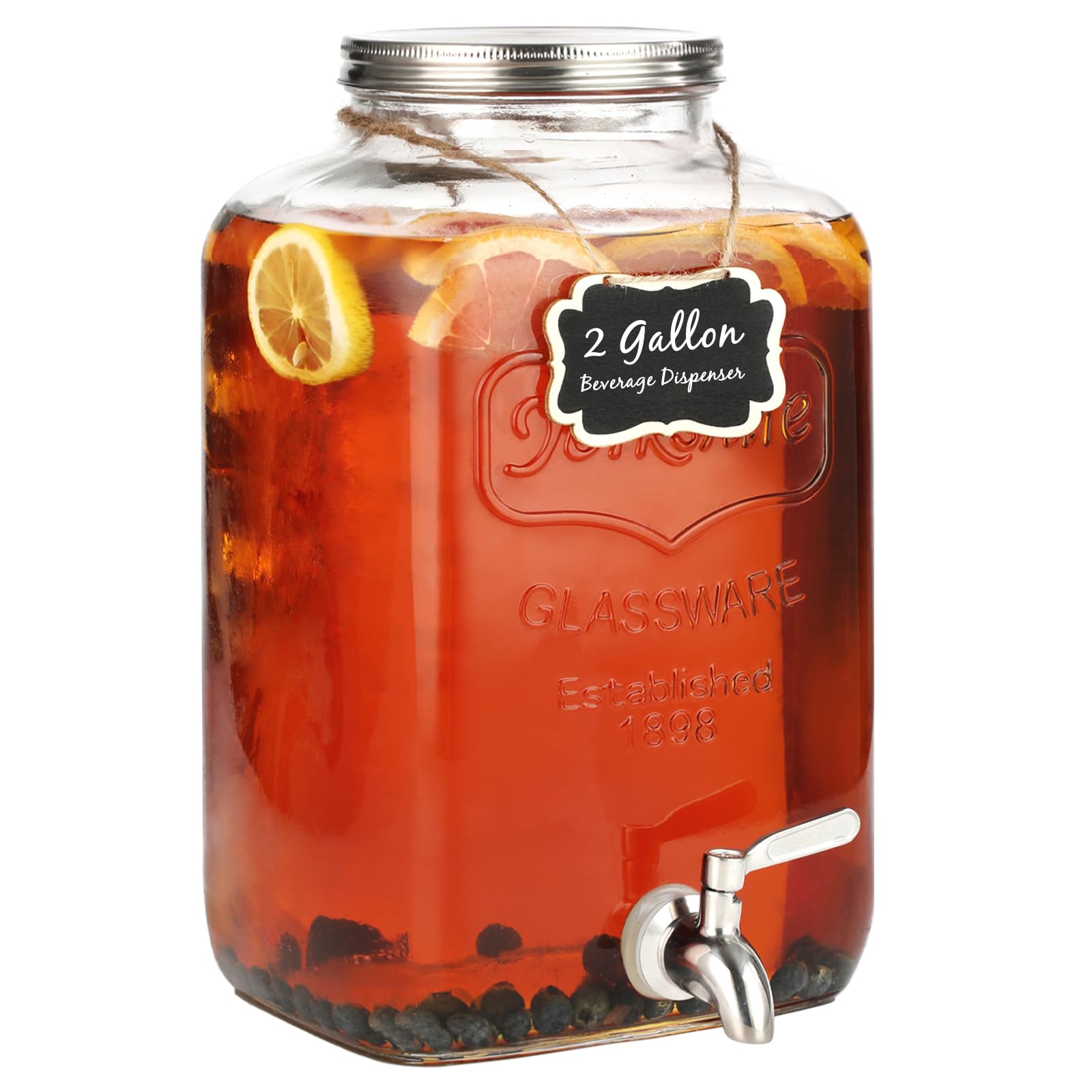 MiraEase 2-gallon glass dispenser with stainless steel spigot for easy pouring at events.