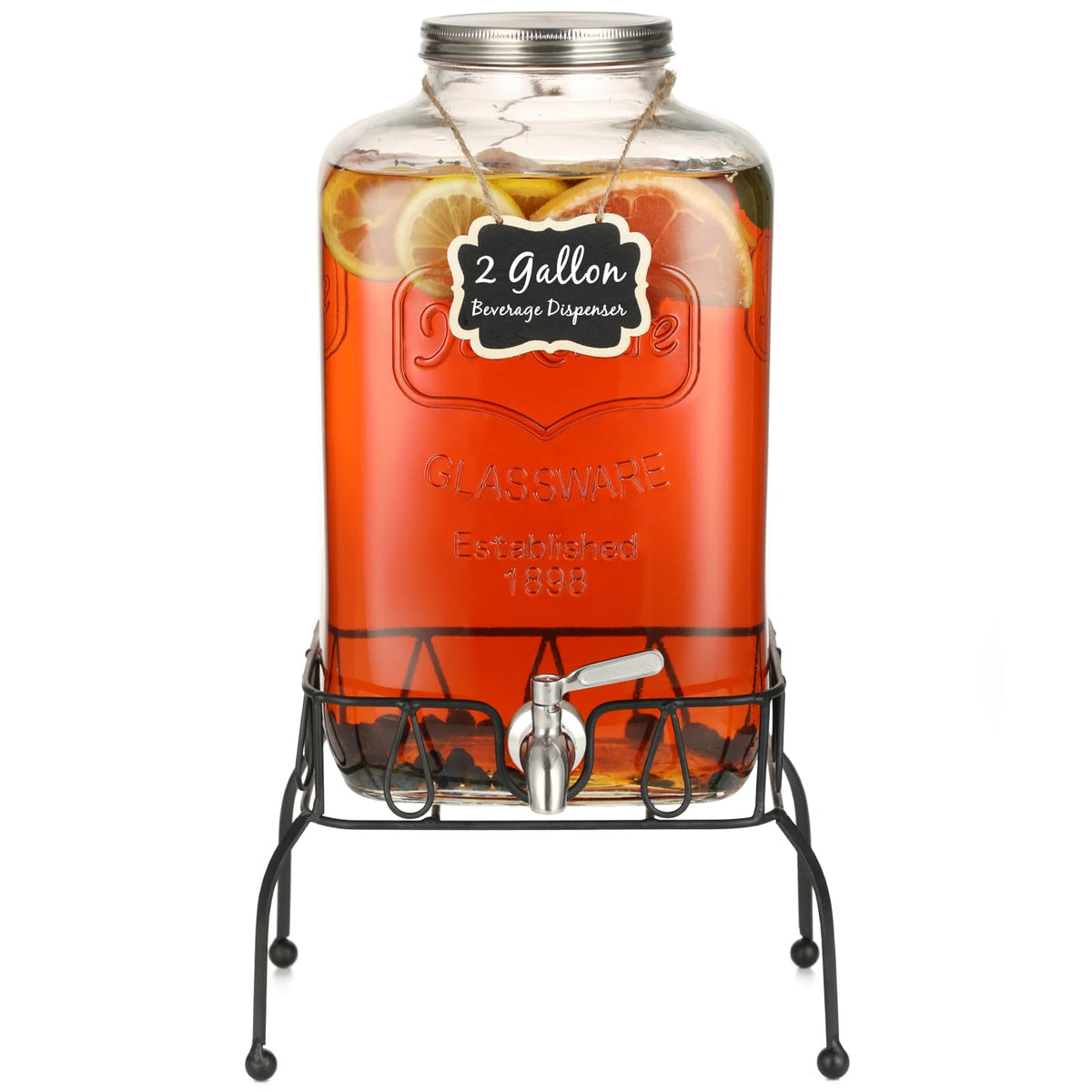 MiraEase 2-gallon glass dispenser on a stand ready for serving at gatherings