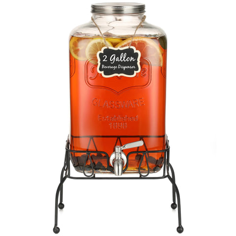 MiraEase 2-gallon glass dispenser on a stand ready for serving at gatherings