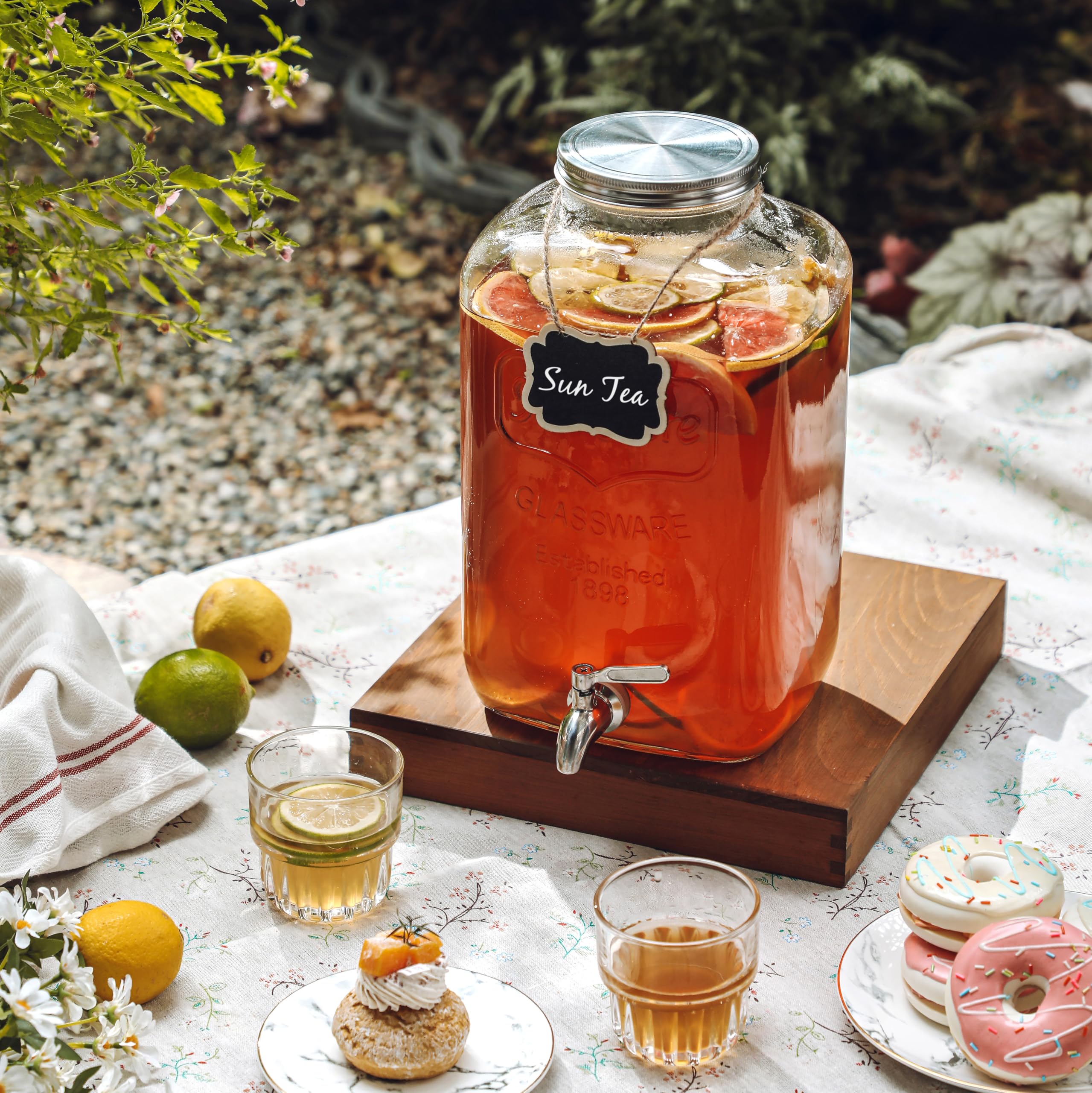 MiraEase glass dispenser lid and chalkboard label keeps drinks labeled and organized.